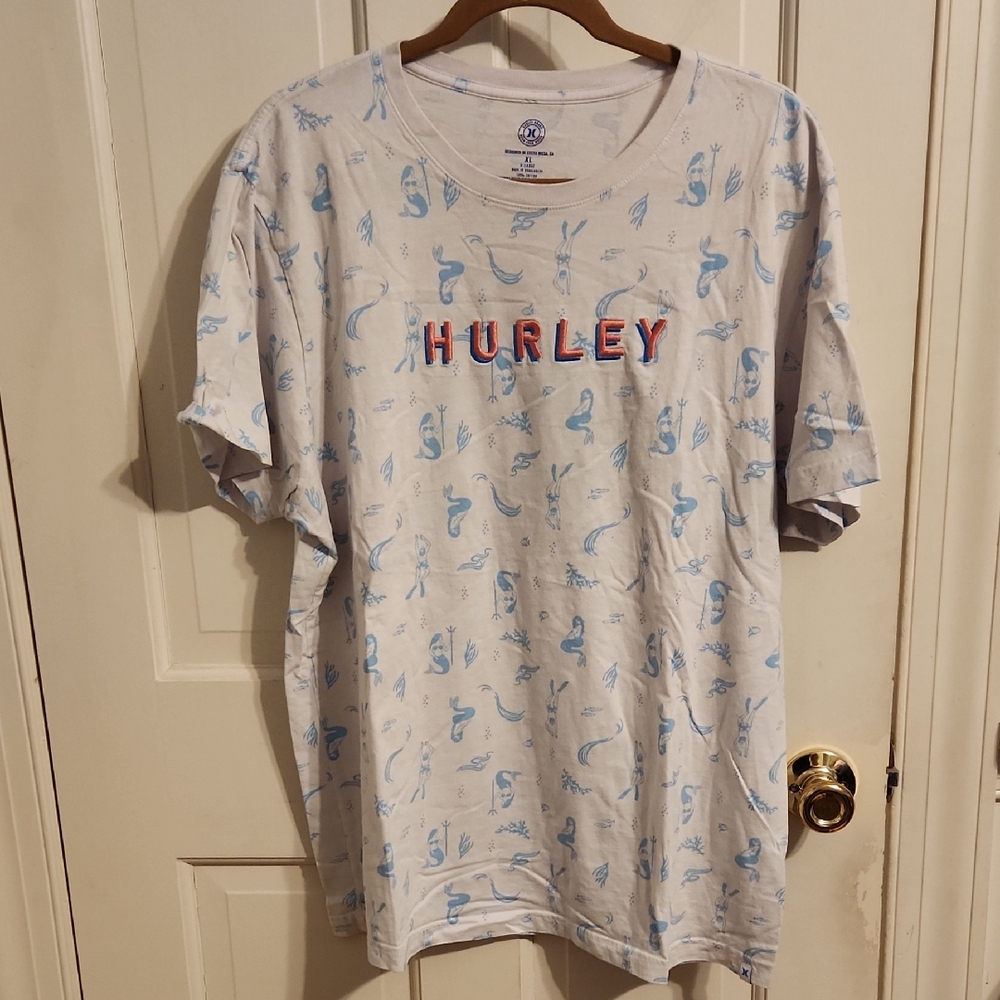 Hurley White Tee with Blue Mermaid Patterns XL